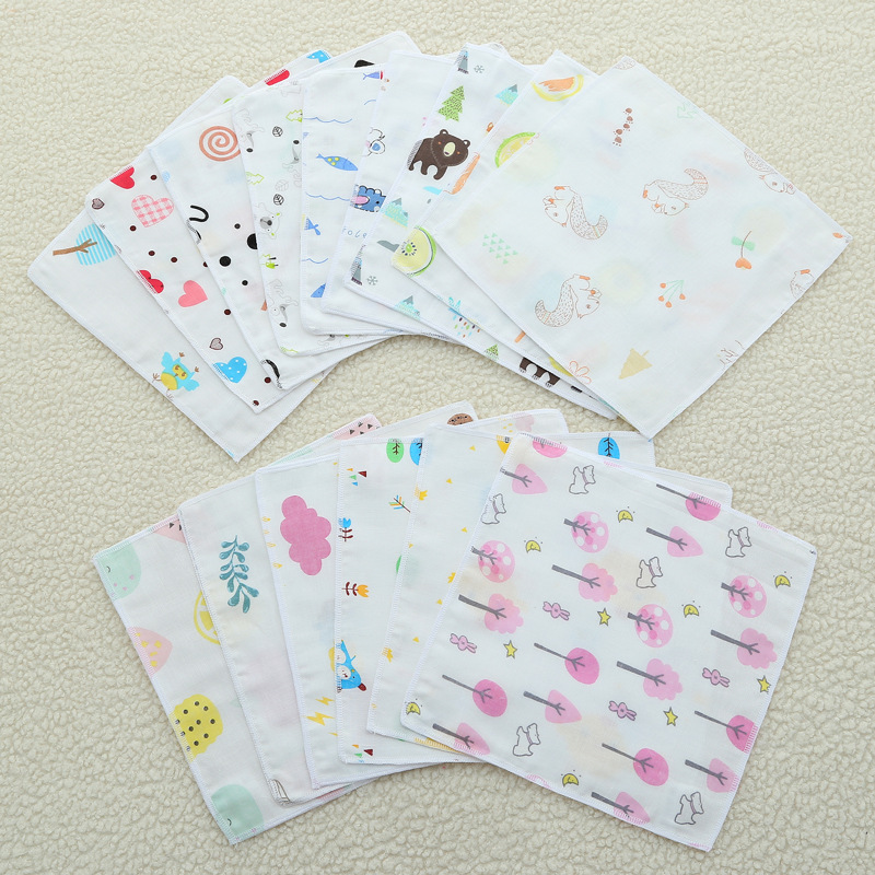 Pure Cotton Square Towel Printed Small Towel Baby Handkerchief Infant Saliva Towel Four-Layer Printed Hand Towel Gauze Rag