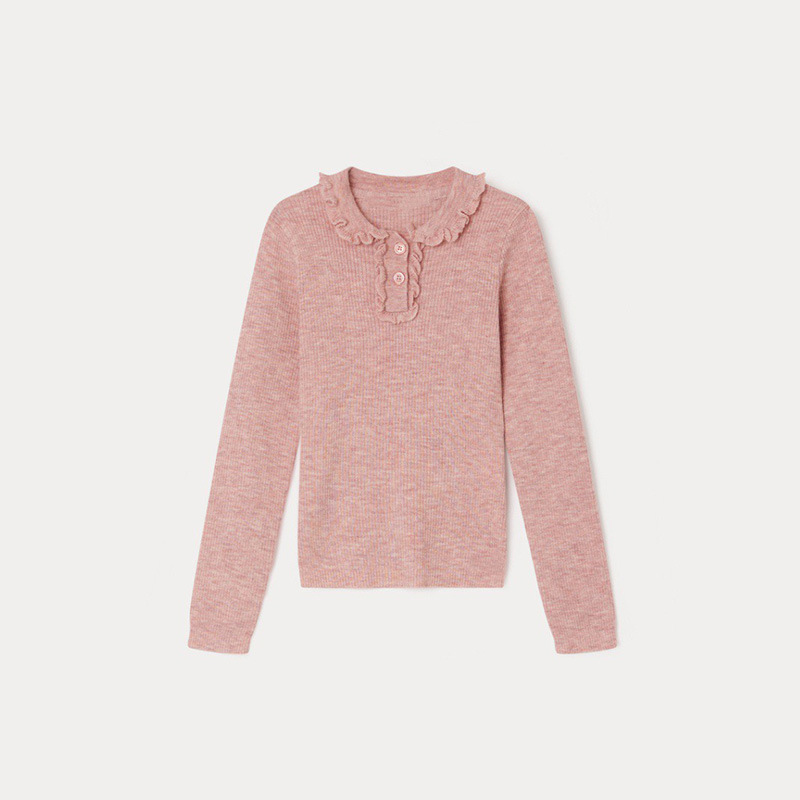 Spring and Autumn Girls' Wool Lapel Base Shirt Fungus Lace Pit Knit Thin Long Sleeve Pullover New Product