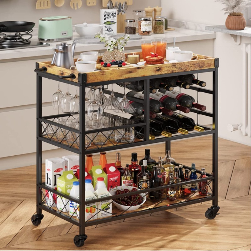 Hand Push Dining Cart Commercial Storage Rack Kitchen Restaurant Wine Side Cabinet Red Wine Mobile Dining Cart Amazon Cross-Border