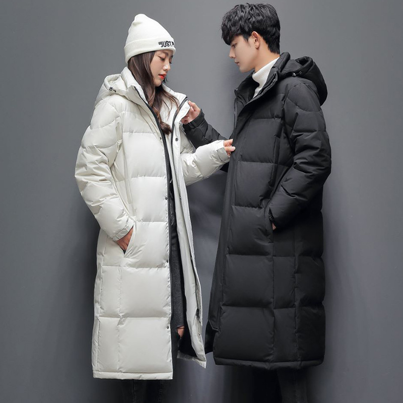 Factory Direct Wholesale Winter Men's down Jacket Couple's Long Thickened Warm Hooded Simple Fashion Youth Trendy Coat