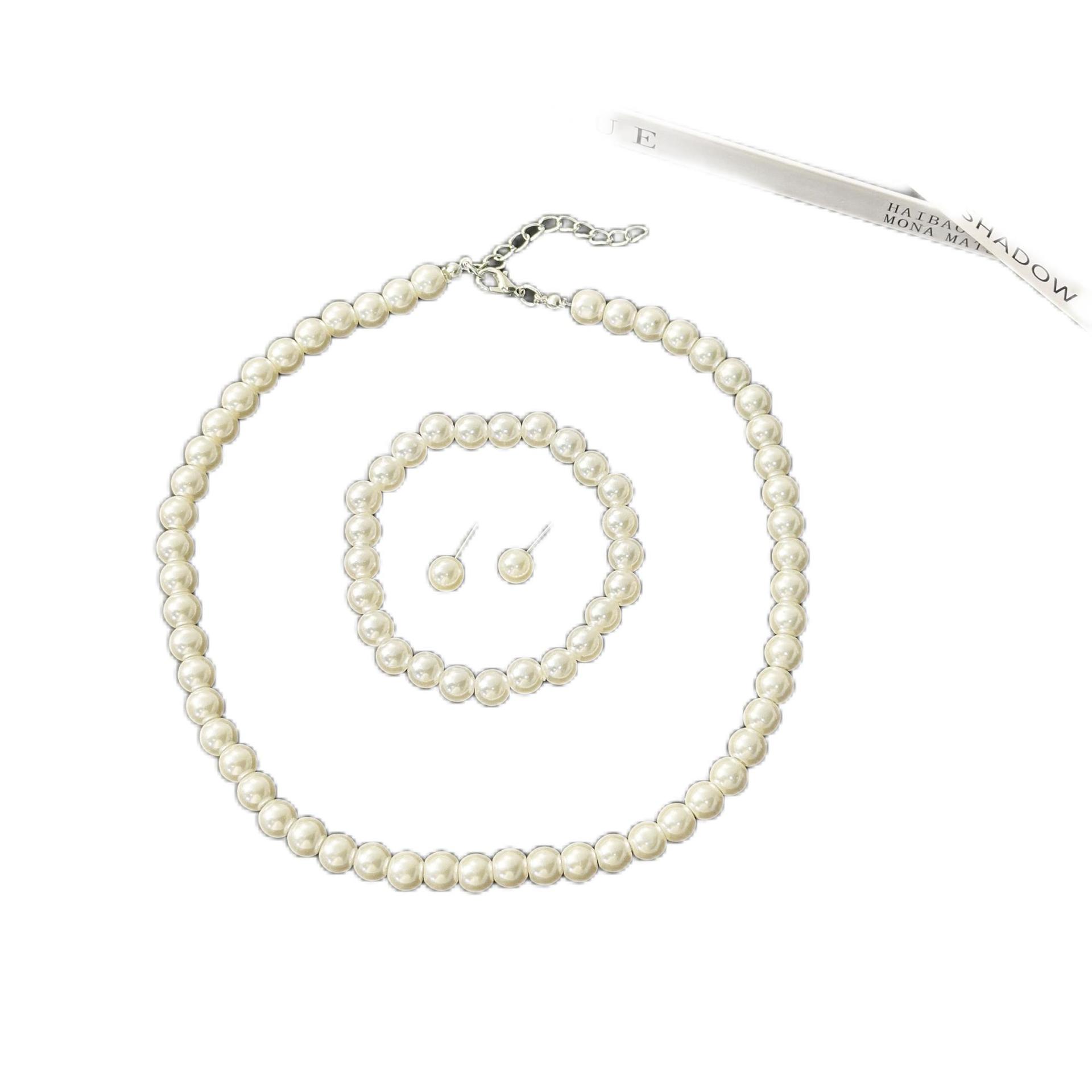 Amazon hot sale white 8mm imitation pearl necklace girl pearl bracelet stud earrings jewelry three-piece suit