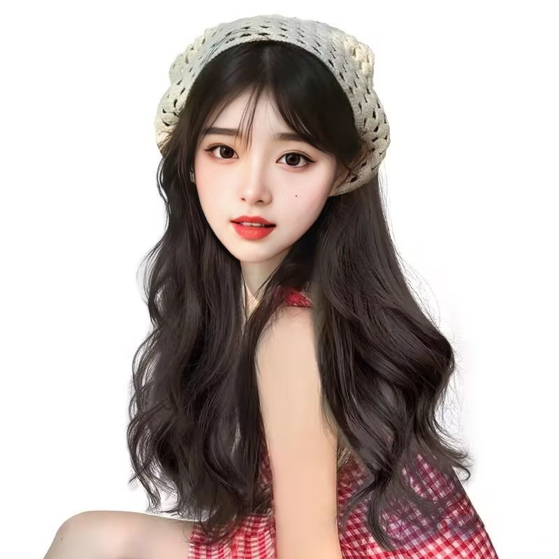 TikTok Internet Popular Same Wig Women's Chemical Fiber Long Hair Big Wave U-Shaped Hair Tailor Knitted Hood One-piece Hood