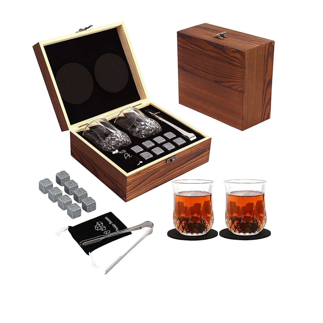 Cross-Border Wooden Ice Wine Stone Gift Whiskey Wooden Box Double Wine Glass Set Wooden Whiskey Set Box in Stock