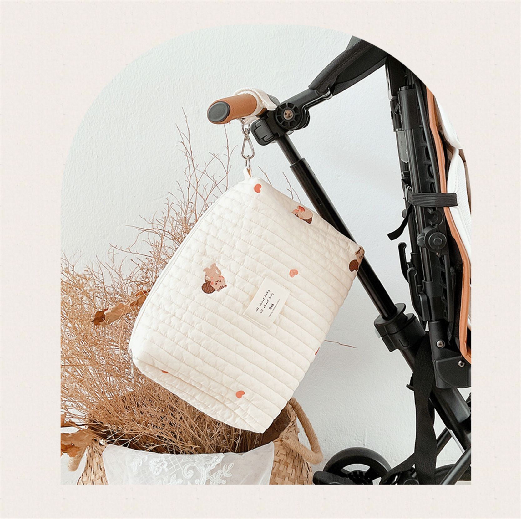 Ins Zipper Embroidered Cotton Mummy Bag Baby Stroller Storage Hanging Bag Diaper Baby Bottle Fidling Bag Mother and Baby Bag