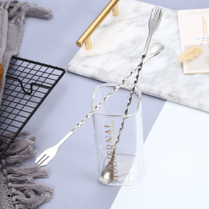 304 Stainless Steel Bar Mixing Spoon Bar More Double Head Long Handle Bar Spoon Creative Spiral Milk Tea Mixing Rod Mixing Spoon