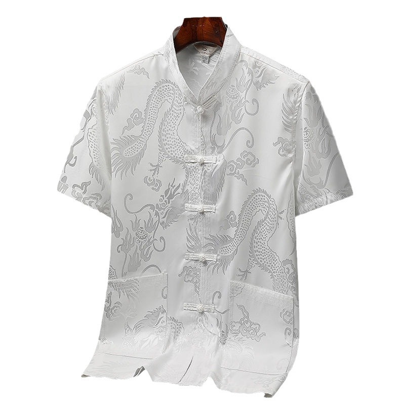 Tang Suit Men's Ice Silk Antique Short-sleeved Shirt for Middle-aged and Elderly New Chinese Hanfu for Dad and Grandpa Morning Exercise Taiji Suit for Summer