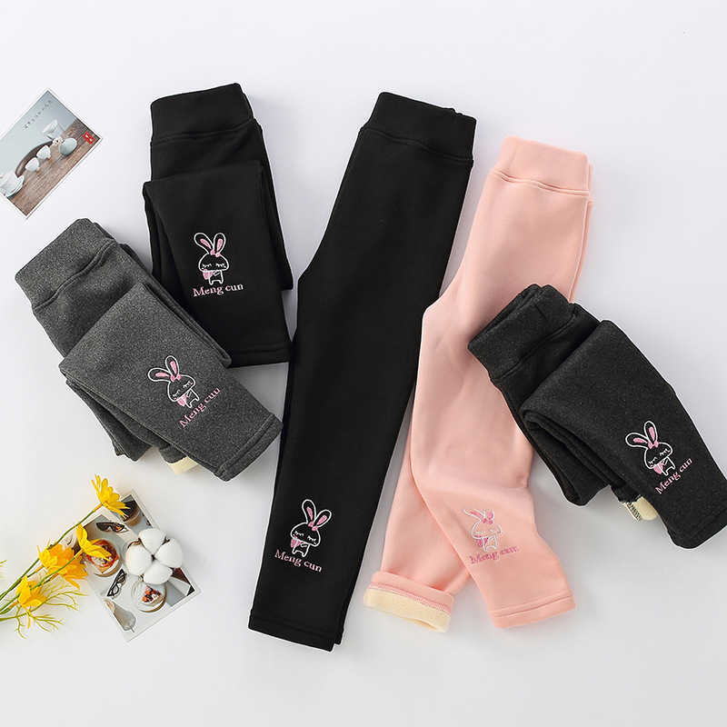 2023 Children's Autumn and Winter Velvet Thickened Leggings Girls' Embroidered Warm Trousers Cartoon Printed Pajamas for Children