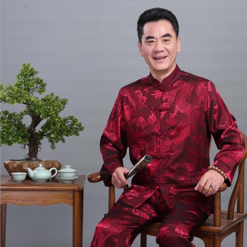 Chinese Style Tang Suit Men's Suit for Middle-aged and Elderly People's Birthday Celebration Chinese Style Hanfu Silk Long Sleeve Shirt for Dad