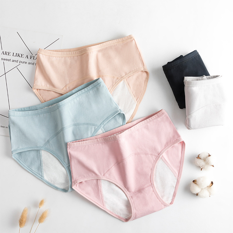 40~90kg Women's Mid-Waist Large Size Pure Cotton Menstrual Panties Women's Leak-Proof Plaid Breathable Briefs before and after Menstruation