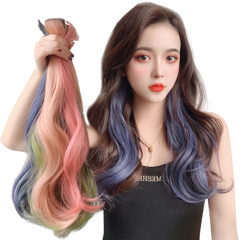 Color wig women's long hair highlighting gradient invisible seamless natural one-piece hair extension strip hanging ear dyeing curly hair