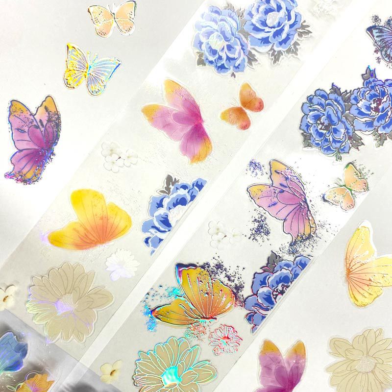 Hand Ledger Tape Pet Transparent Flower Butterfly Hot Stamping Laser Uv Full Roll Material Cutting Film Sticker Hand Ledger Tape