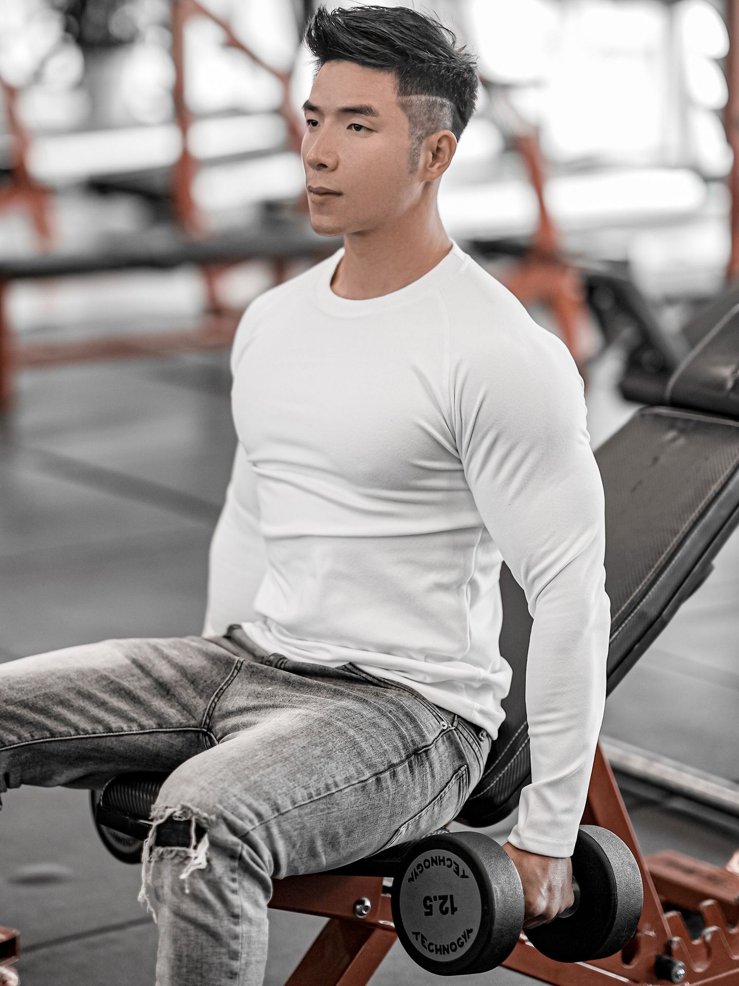 Muscle Autumn and Winter New Men's Sports Leisure Running Fitness Pure Color Pony Same Style Double-Sided German Velvet Raglan Long Sleeves