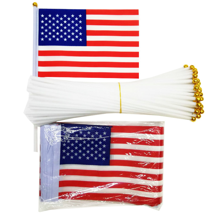 Ready Stock Polyester Fabric American Independence Day Hand-Waving Flag with Wooden Plastic Flagpole American Hand-Held Flag