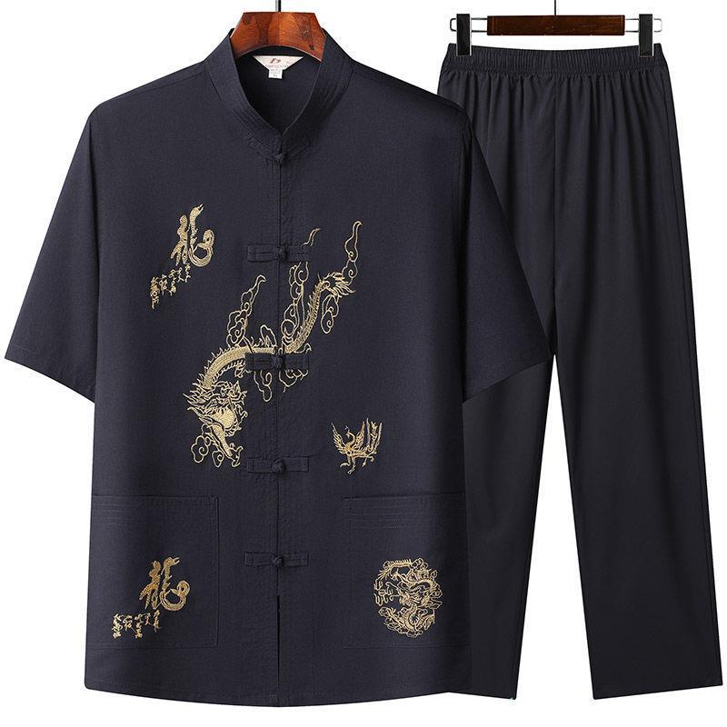 Middle-aged and Elderly Tang Suit Men's Chinese Style Summer Short-sleeved suit Grandpa's Taiji Hanfu Old Man's Clothes Dad's Summer Clothes