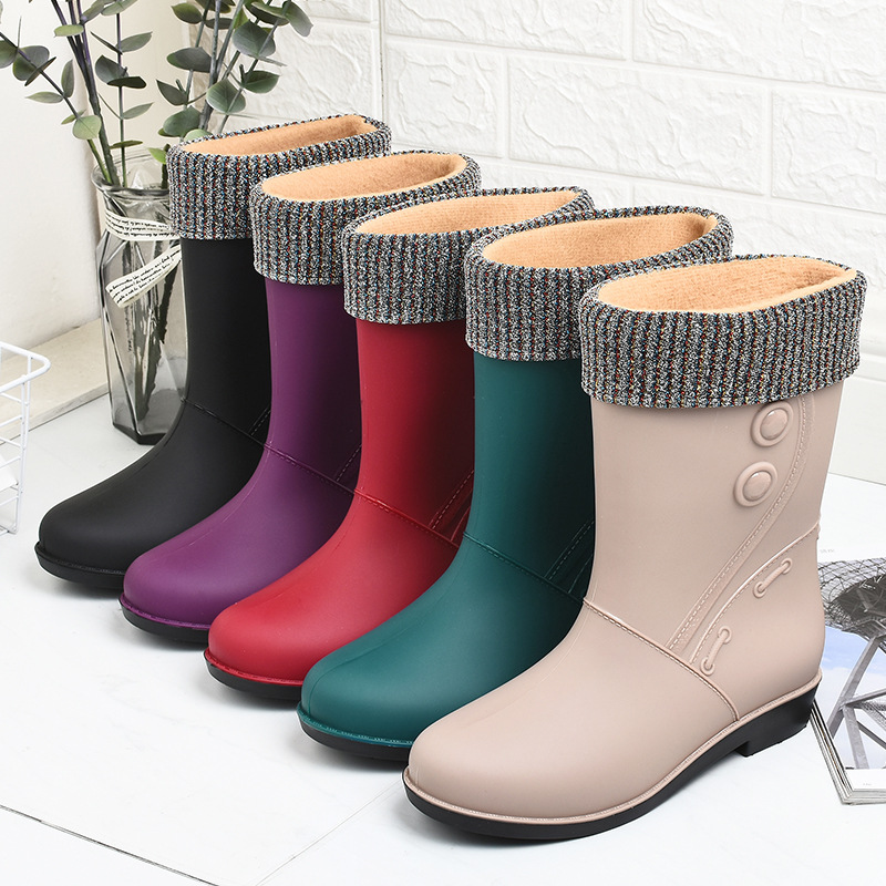 Fashionable Velvet Rain Boots for Women, Warm High School Rain Boots, Winter Pure Color Low Heel Non-Slip Snow Boots, Pvc Rubber Shoes for Going Out