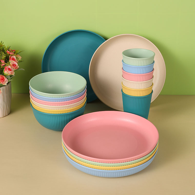 Cross-Border Export E-Commerce Wheat Straw Plate Bowl Cup Household Vertical Pattern Dinner Plate Meal Bowl Water Cup 4Pcs Gift Set