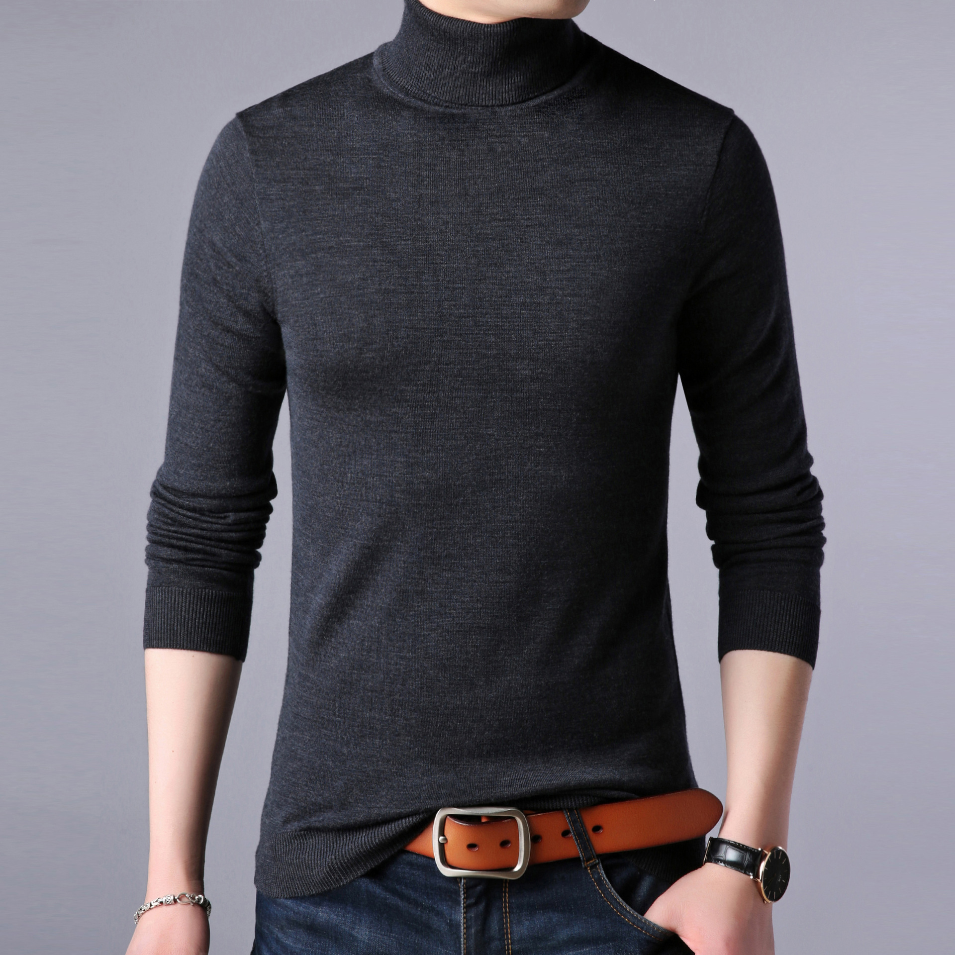 Worsted Turtleneck Cardigan Men's Medium Thick Warm Pure Color Sweater Counter Supply 100% Pure Wool Bottoming Shirt for Men