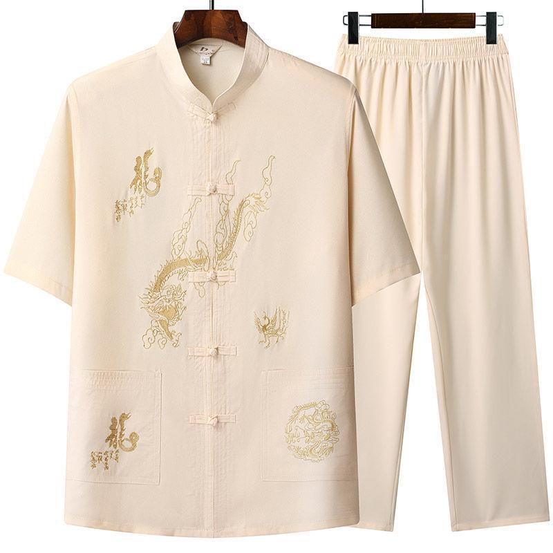 Middle-aged and Elderly Tang Suit Men's Chinese Style Summer Short-sleeved suit Grandpa's Taiji Hanfu Old Man's Clothes Dad's Summer Clothes