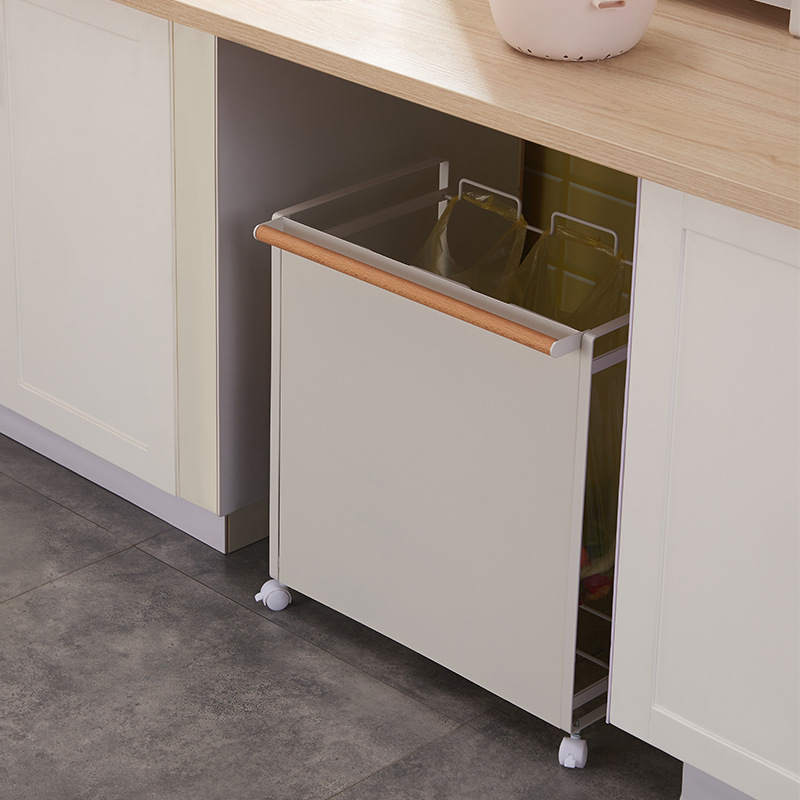 Wrought Iron Home Storage Cleaning Three-Compartment Mobile Pulley Dry and Wet Sorting Garbage Rack Kitchen Trash Can with Wheels