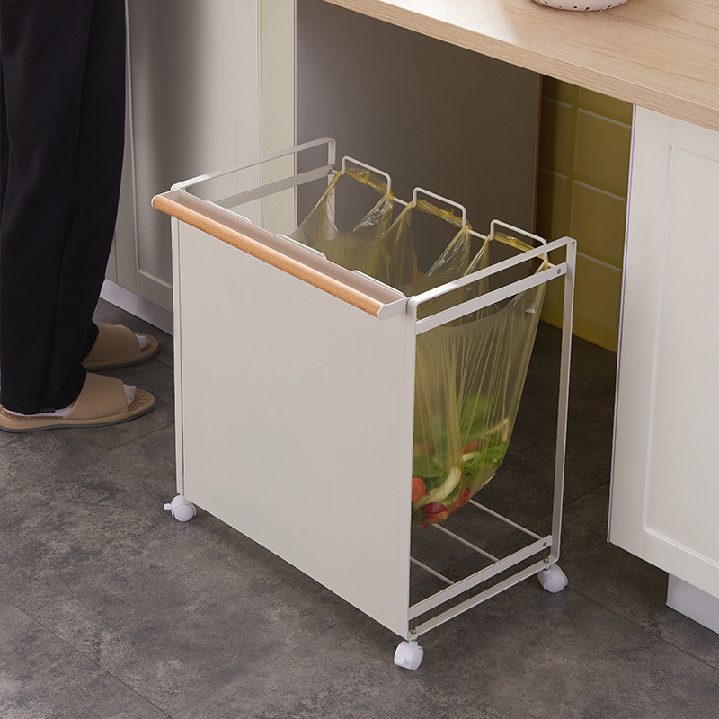 Wrought Iron Home Storage Cleaning Three-Compartment Mobile Pulley Dry and Wet Sorting Garbage Rack Kitchen Trash Can with Wheels