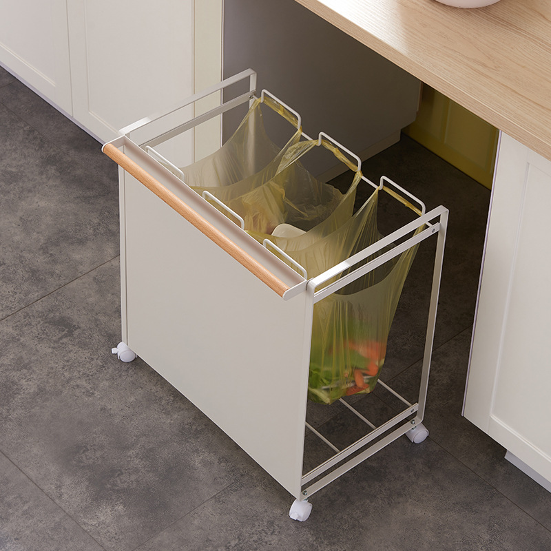 Wrought Iron Home Storage Cleaning Three-Compartment Mobile Pulley Dry and Wet Sorting Garbage Rack Kitchen Trash Can with Wheels