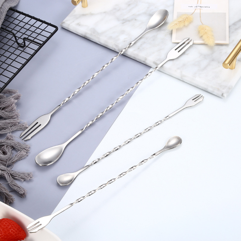 304 Stainless Steel Bar Mixing Spoon Bar More Double Head Long Handle Bar Spoon Creative Spiral Milk Tea Mixing Rod Mixing Spoon