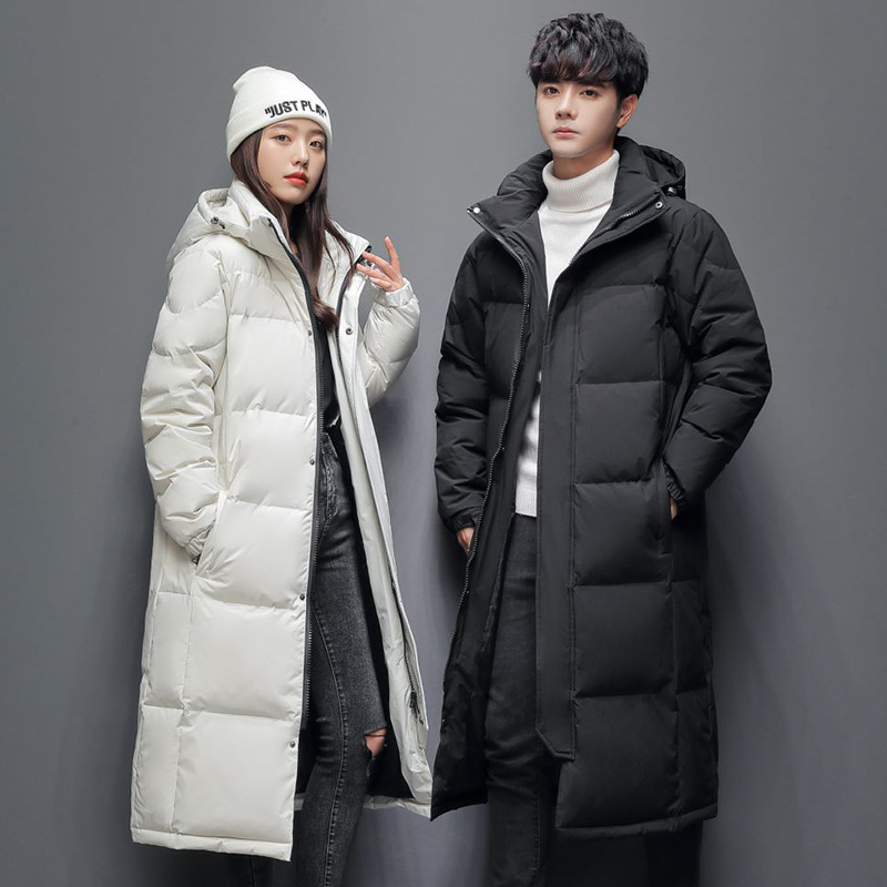 Factory Direct Wholesale Winter Men's down Jacket Couple's Long Thickened Warm Hooded Simple Fashion Youth Trendy Coat