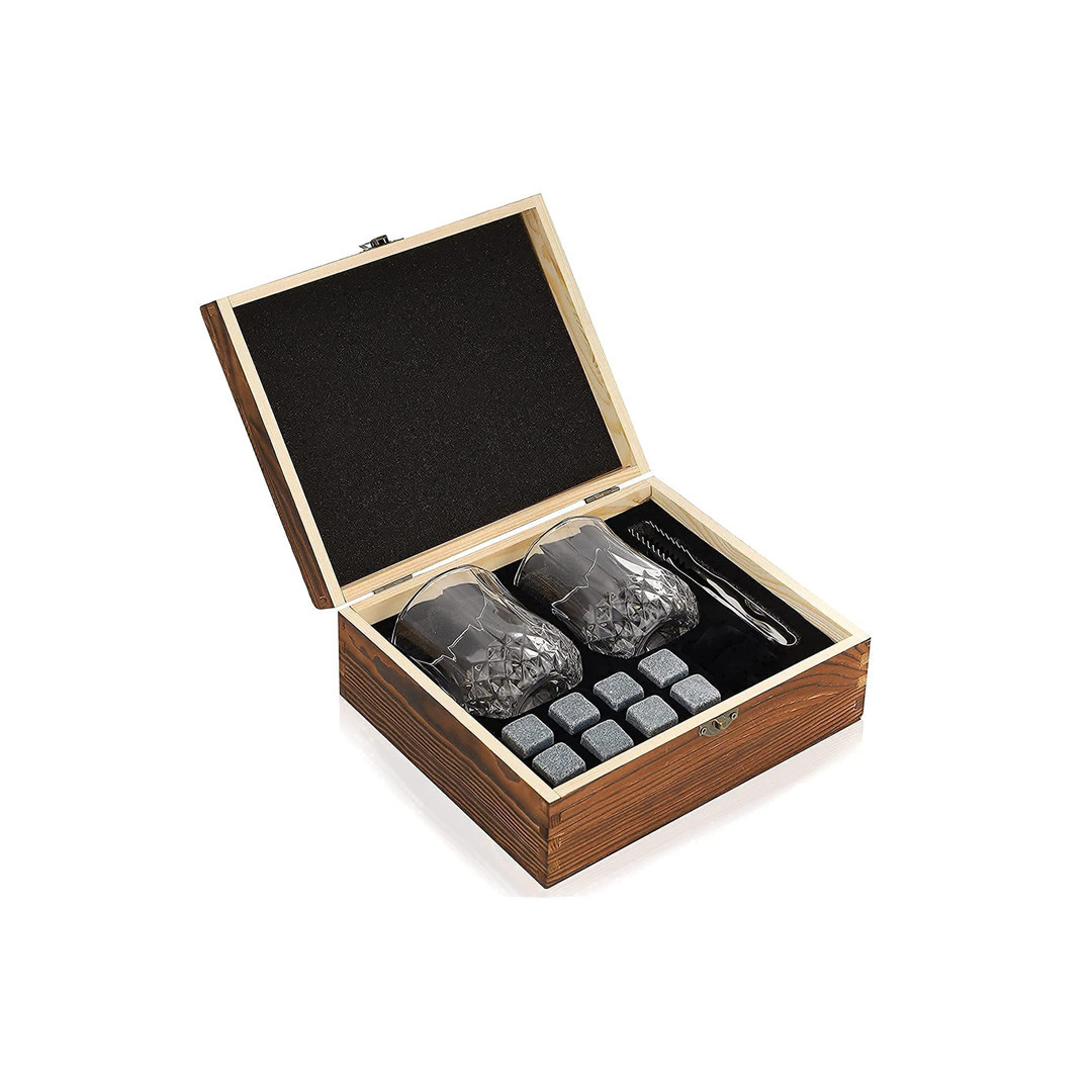 Cross-Border Wooden Ice Wine Stone Gift Whiskey Wooden Box Double Wine Glass Set Wooden Whiskey Set Box in Stock