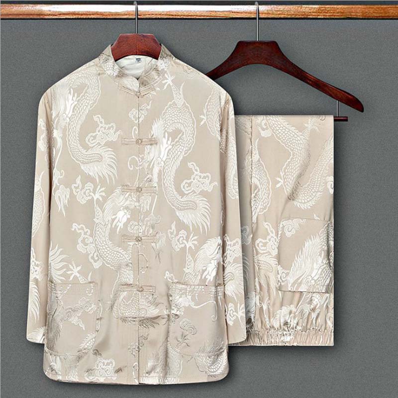 Chinese Style Tang Suit Men's Suit for Middle-aged and Elderly People's Birthday Celebration Chinese Style Hanfu Silk Long Sleeve Shirt for Dad