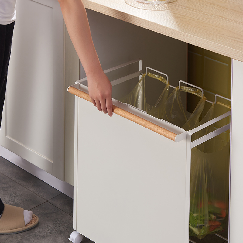 Wrought Iron Home Storage Cleaning Three-Compartment Mobile Pulley Dry and Wet Sorting Garbage Rack Kitchen Trash Can with Wheels