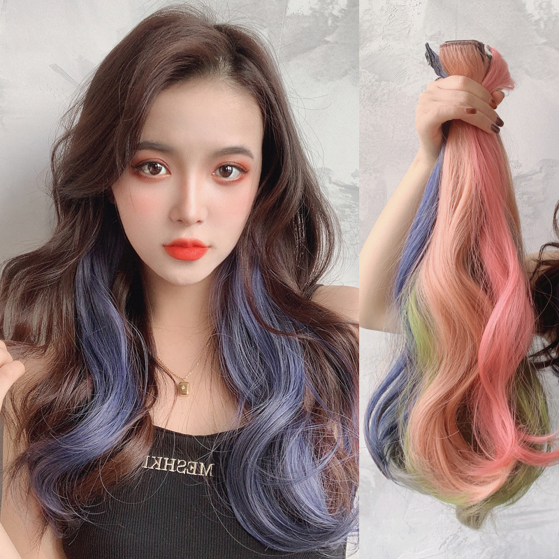 Color wig women's long hair highlighting gradient invisible seamless natural one-piece hair extension strip hanging ear dyeing curly hair