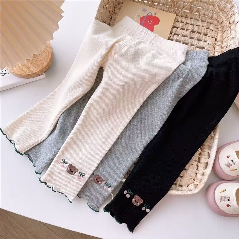 Foreign Trade Summer Clothes for Girls, Bear Cherry Embroider, Fashionable Ice Silk Thin Outer Wear Pants for Small and Medium-Sized Children