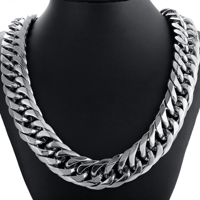European and American Hot Sale Men's Titanium Steel Stainless Steel Thick Chain Double Buckle Cuban Chain Six-sided Mill Multi-layer Chain Punk Style Necklace