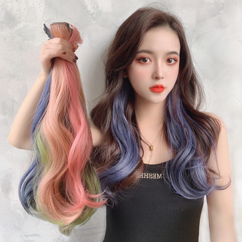 Color wig women's long hair highlighting gradient invisible seamless natural one-piece hair extension strip hanging ear dyeing curly hair