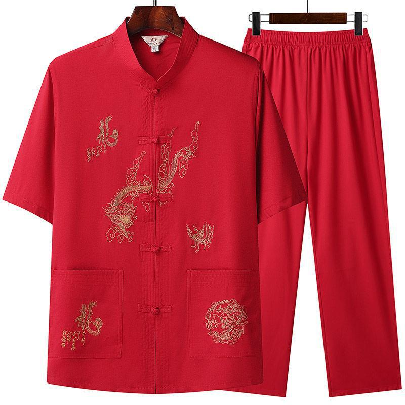 Middle-aged and Elderly Tang Suit Men's Chinese Style Summer Short-sleeved suit Grandpa's Taiji Hanfu Old Man's Clothes Dad's Summer Clothes