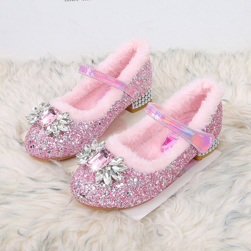 Girls' princess shoes winter New fleece-lined warm shoes middle and big children's shoes Children's crystal shoes little girl's shoes