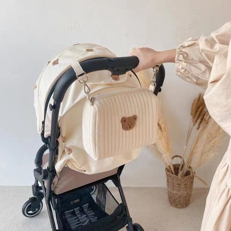 Ins Zipper Embroidered Cotton Mummy Bag Baby Stroller Storage Hanging Bag Diaper Baby Bottle Fidling Bag Mother and Baby Bag