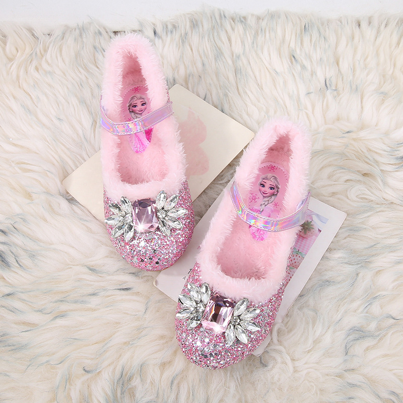 Girls' princess shoes winter New fleece-lined warm shoes middle and big children's shoes Children's crystal shoes little girl's shoes