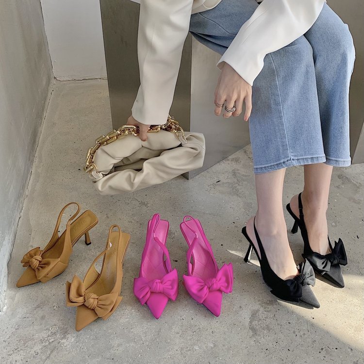 2022 Summer New Korean Style Fashionable Pointed Toe Baotou Leg Bow High Heel Sandals Thin Heel Women's Shoes