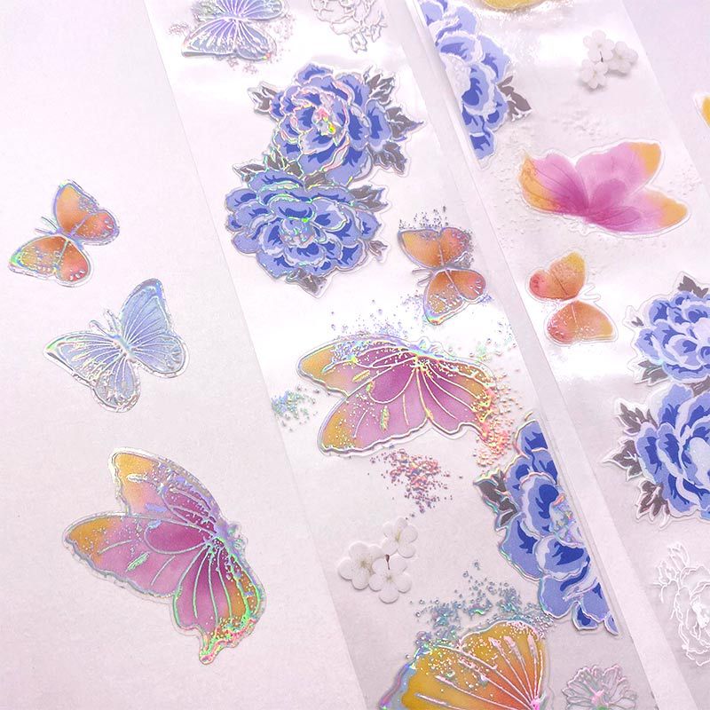 Hand Ledger Tape Pet Transparent Flower Butterfly Hot Stamping Laser Uv Full Roll Material Cutting Film Sticker Hand Ledger Tape