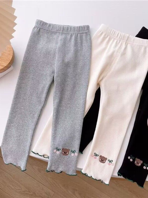 Foreign Trade Summer Clothes for Girls, Bear Cherry Embroider, Fashionable Ice Silk Thin Outer Wear Pants for Small and Medium-Sized Children