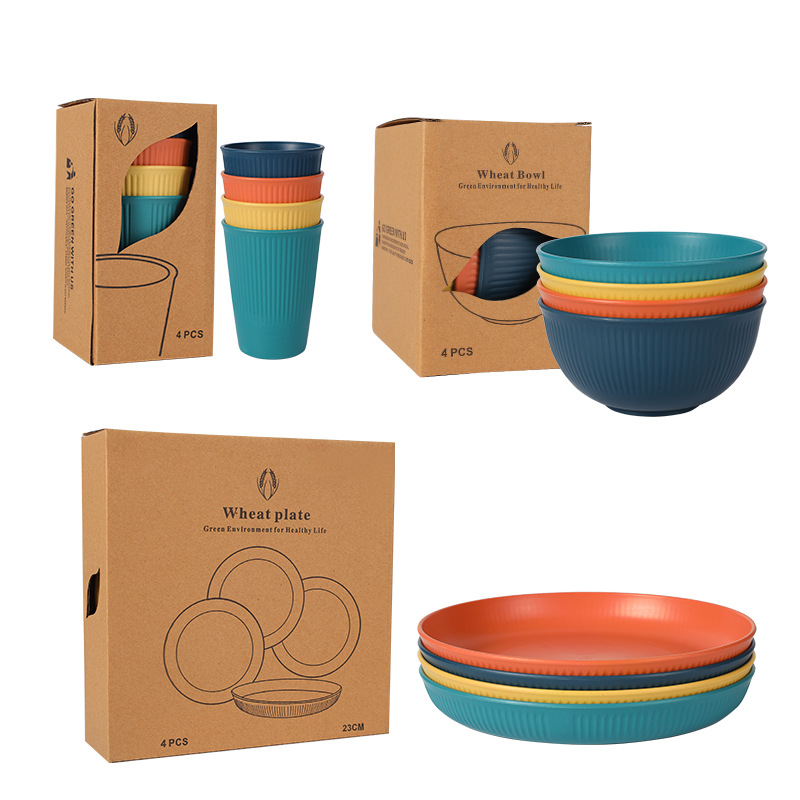 Cross-Border Export E-Commerce Wheat Straw Plate Bowl Cup Household Vertical Pattern Dinner Plate Meal Bowl Water Cup 4Pcs Gift Set