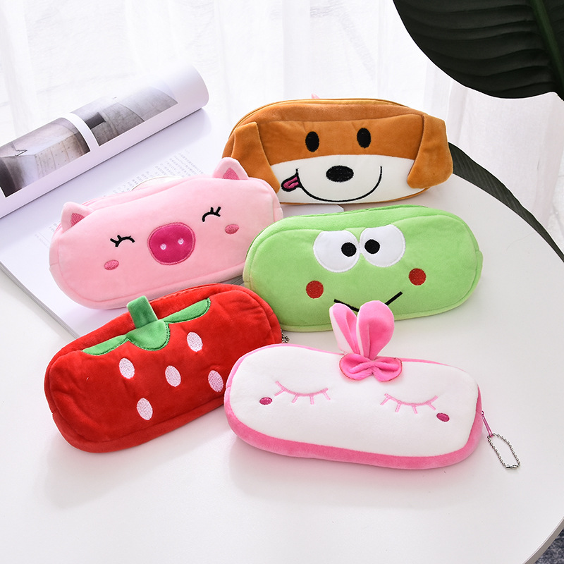 Creative cartoon zipper stationery bag large capacity soft short plush pencil case Japanese and Korean simple pencil case storage stationery box