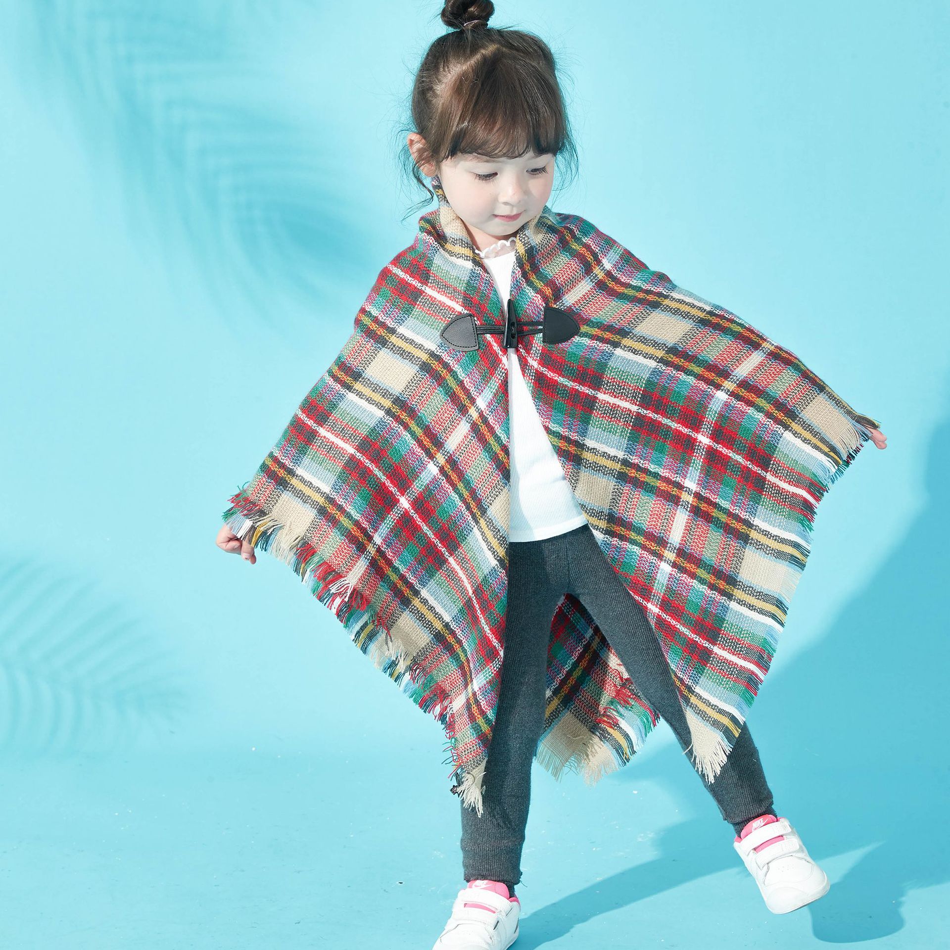 Directly Supplied from the Manufacturer, Amazon's Popular European and American Autumn and Winter New Style Parent-Child Children's Toggle Plaid Cape Shawl