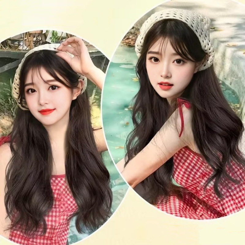 TikTok Internet Popular Same Wig Women's Chemical Fiber Long Hair Big Wave U-Shaped Hair Tailor Knitted Hood One-piece Hood