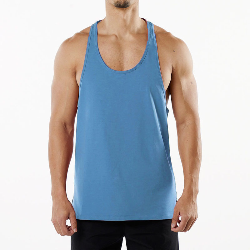 New Muscle Fitness Round Neck Vest Cotton Men's Sports and Leisure European and American Large Size Breathable Slit Racer Vest Summer