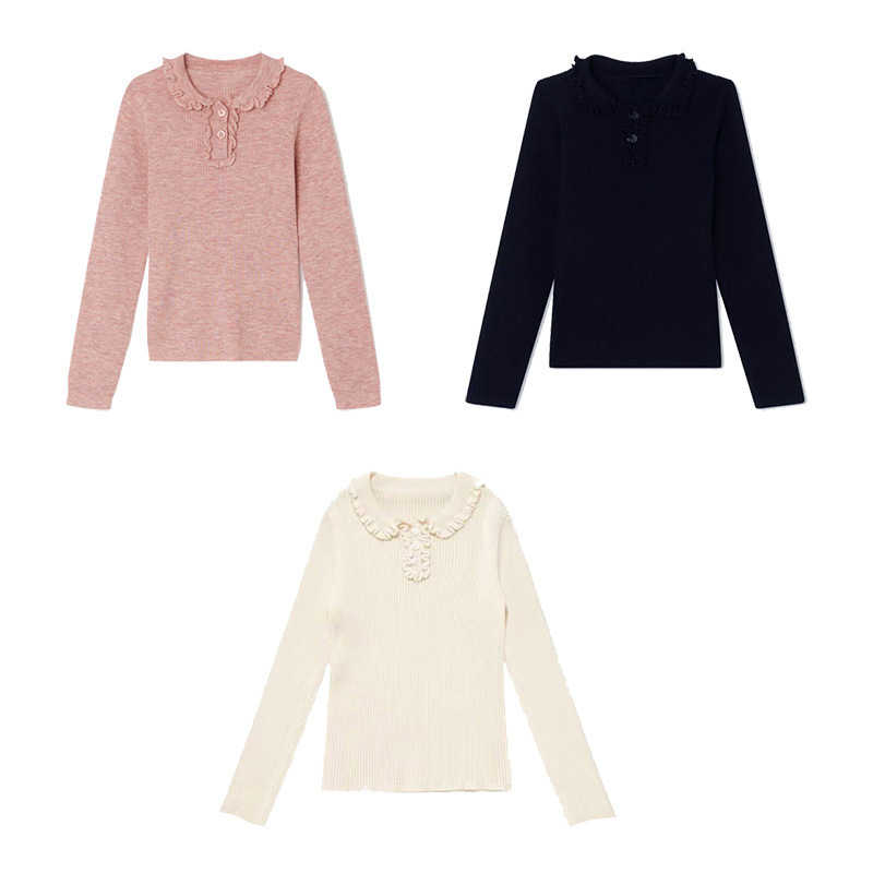 Spring and Autumn Girls' Wool Lapel Base Shirt Fungus Lace Pit Knit Thin Long Sleeve Pullover New Product