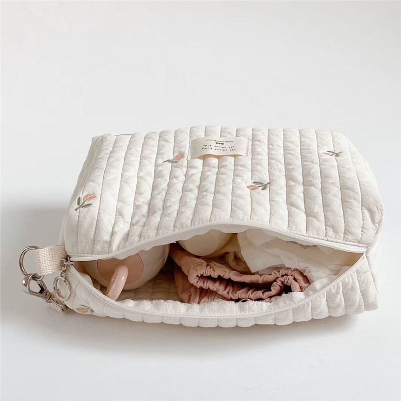 Ins Zipper Embroidered Cotton Mummy Bag Baby Stroller Storage Hanging Bag Diaper Baby Bottle Fidling Bag Mother and Baby Bag