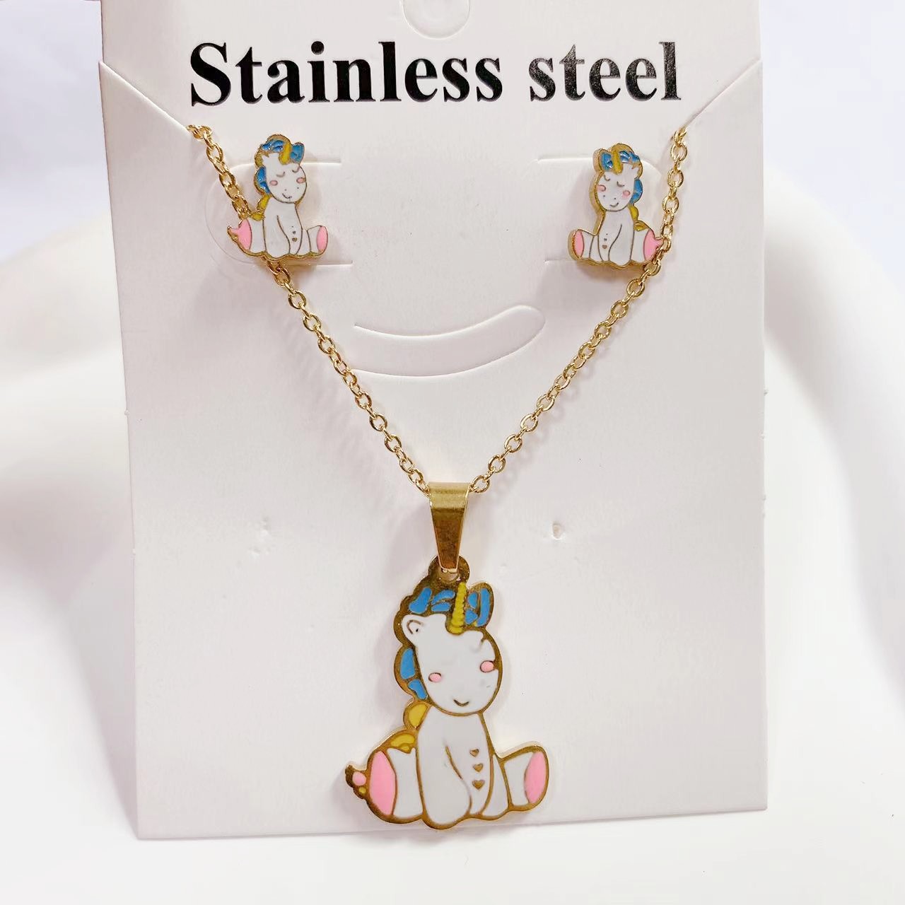 New Special Sale Fashion Pony Cute Cartoon Titanium Steel Necklace Women's high quality Color Preservation Necklace Earrings suit