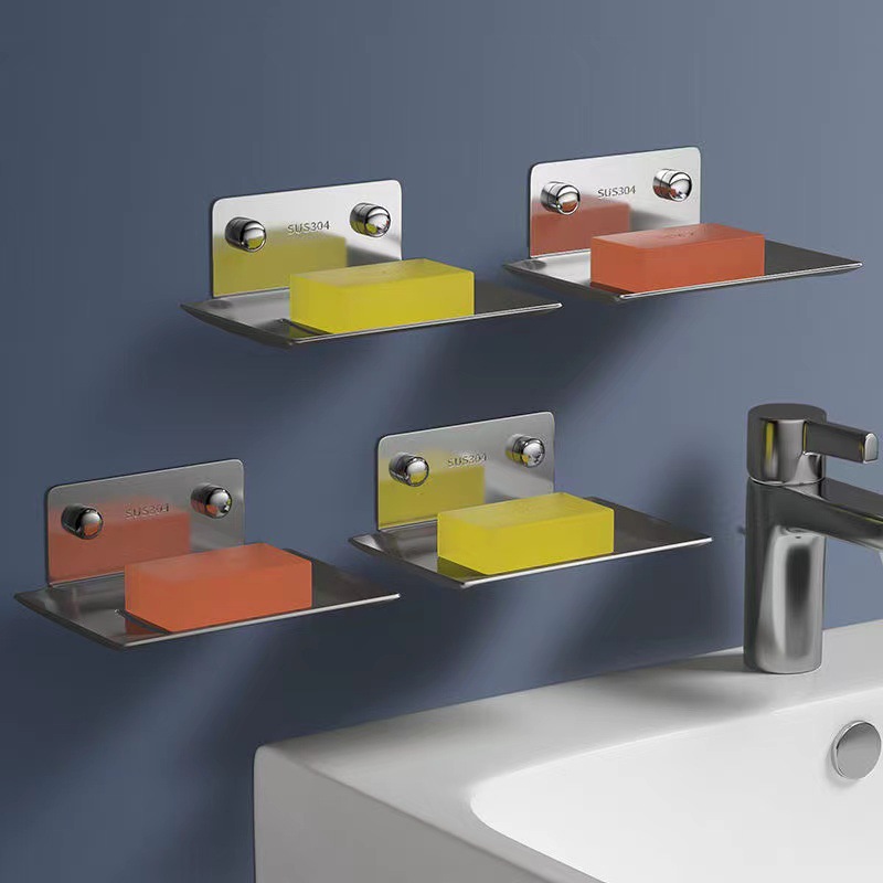 304 Stainless Steel Soap Box Drain Soap Dish Wall-Mounted Soap Rack Punch-Free Creative Hand Sanitizer Rack